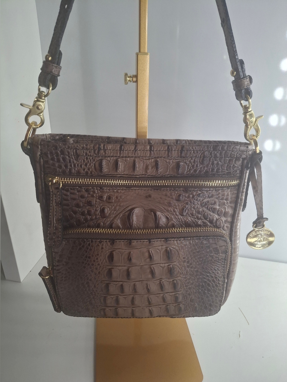 Brahmin Cleo Melbourne crocodile-embossed leather crossbody bag Taupe EUC